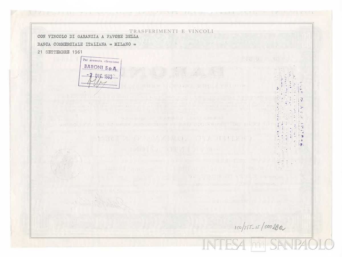 Baroni SpA, certificati azionari nominativi - verso a