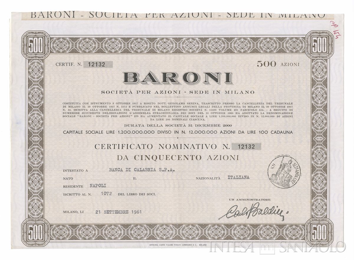 Baroni SpA, certificati azionari nominativi - recto b
