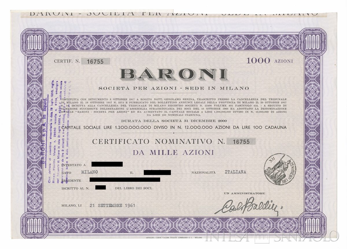 Baroni SpA, certificati azionari nominativi - recto c