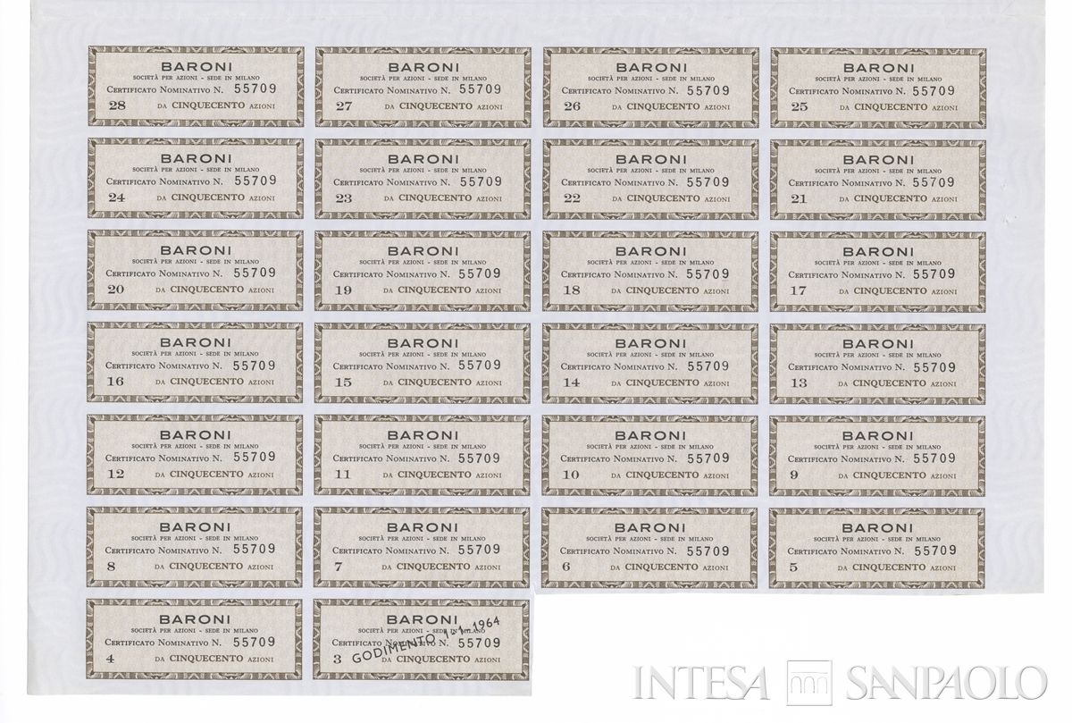 Baroni SpA, certificati azionari nominativi - recto d