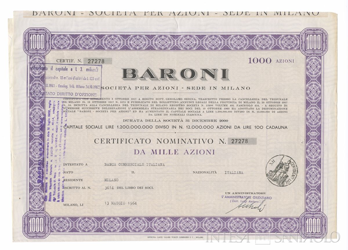Baroni SpA, certificati azionari nominativi - recto f