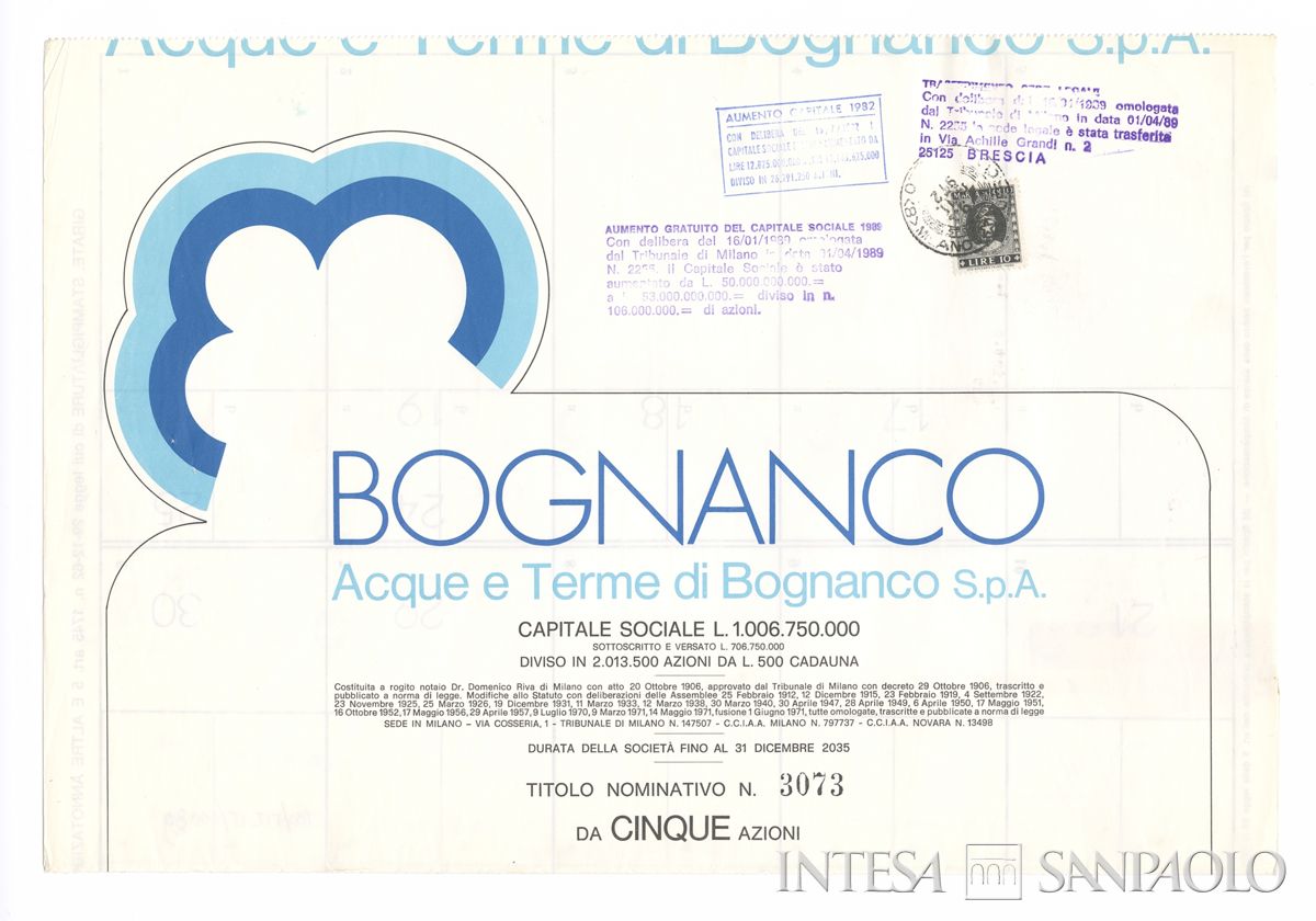 Bognanco Acque e Terme di Bognanco SpA, certificato azionario nominativo - recto