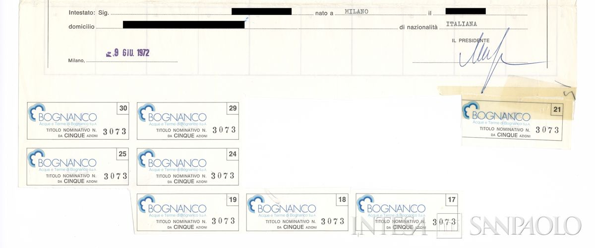 Bognanco Acque e Terme di Bognanco SpA, certificato azionario nominativo - recto