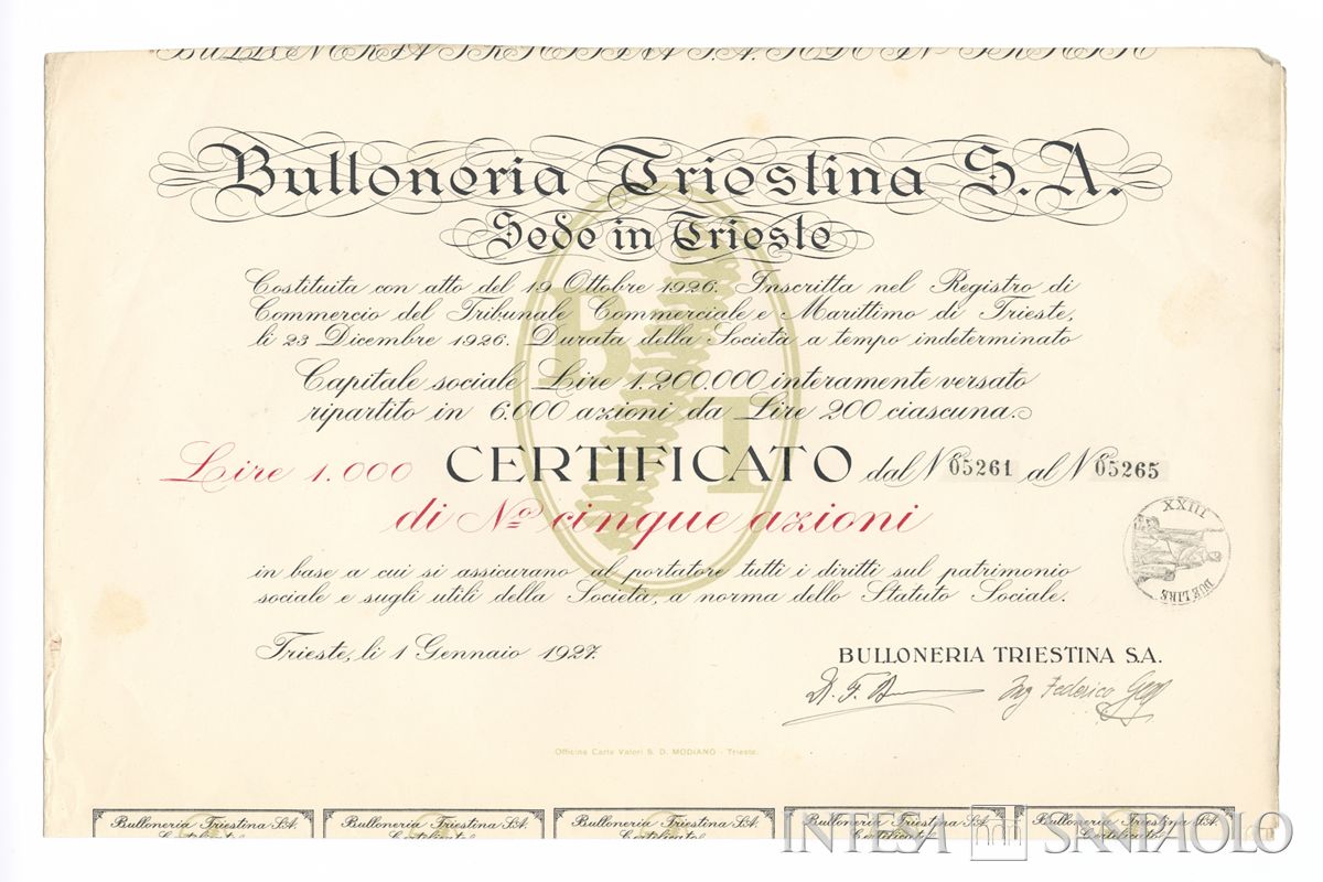 Bulloneria Triestina SA, certificato azionario al portatore - recto