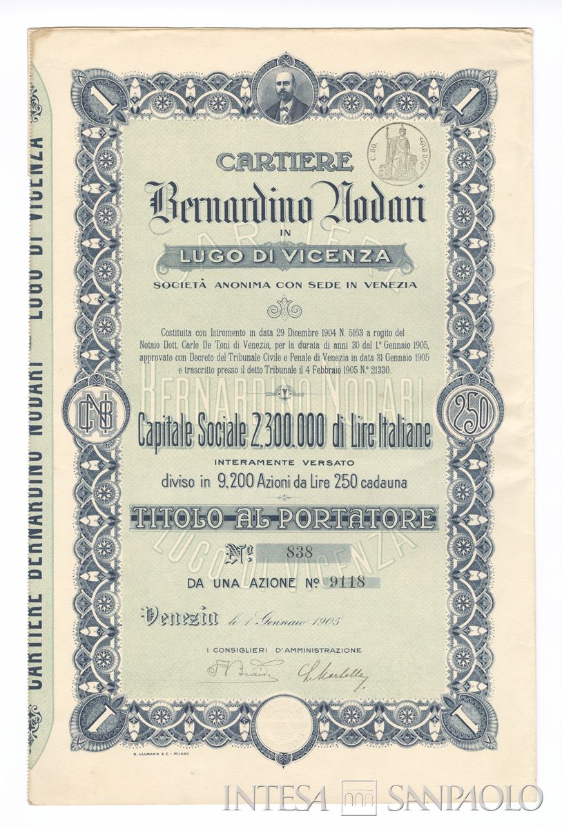 Cartiere Bernardino Rodari SA, certificato azionario al portatore - recto