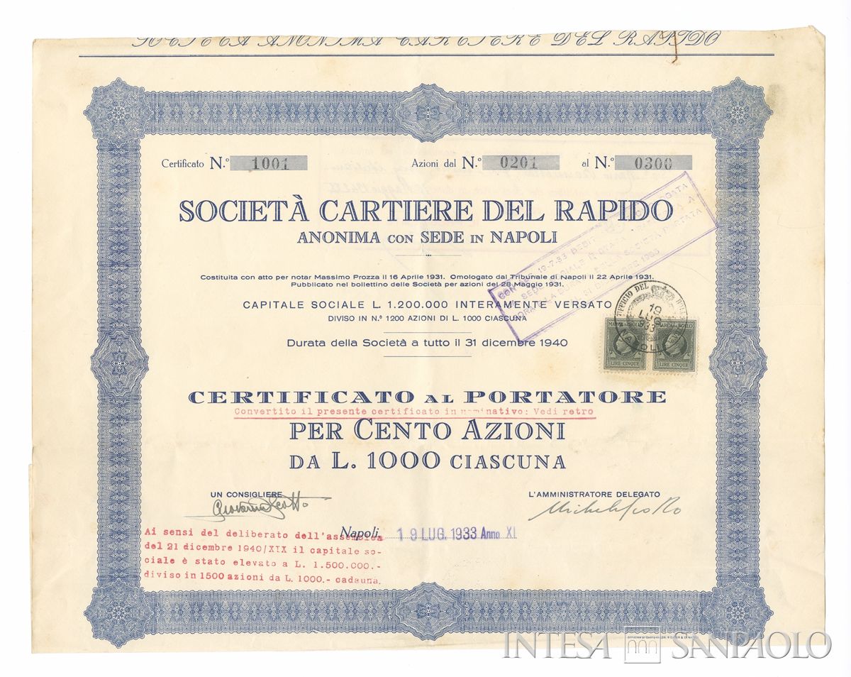 Cartiere del Rapido SA, certificato azionario al portatore - recto
