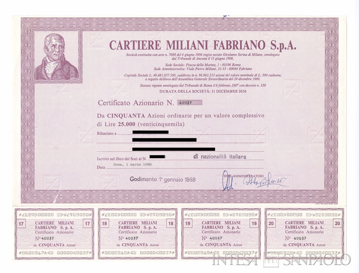 Cartiere Miliani Fabriano SpA, certificato azionario nominativo - recto