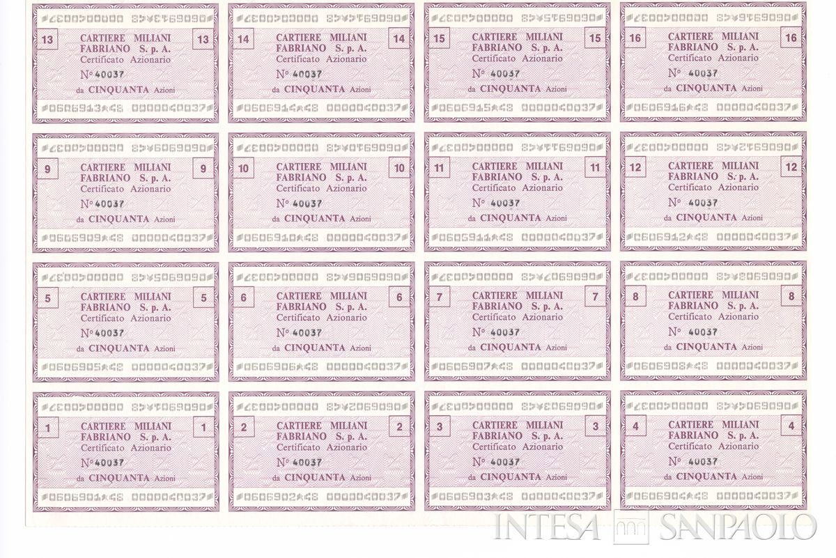 Cartiere Miliani Fabriano SpA, certificato azionario nominativo - recto