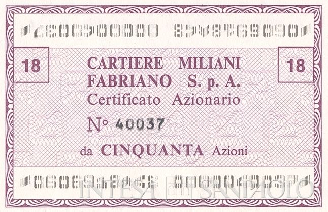 Cartiere Miliani Fabriano SpA, certificato azionario nominativo - dettaglio