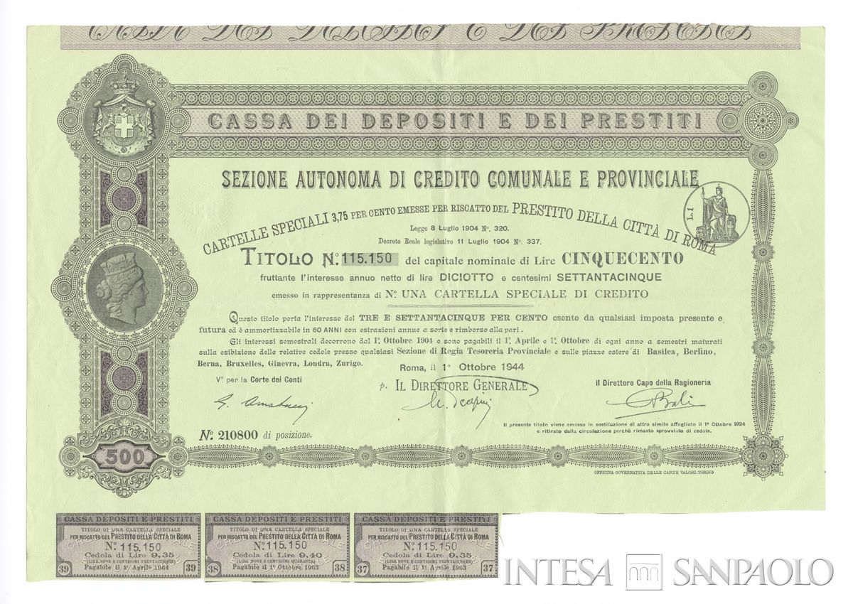 Cassa dei depositi e dei prestiti della Città di Roma, cartella speciale di credito al portatore - recto