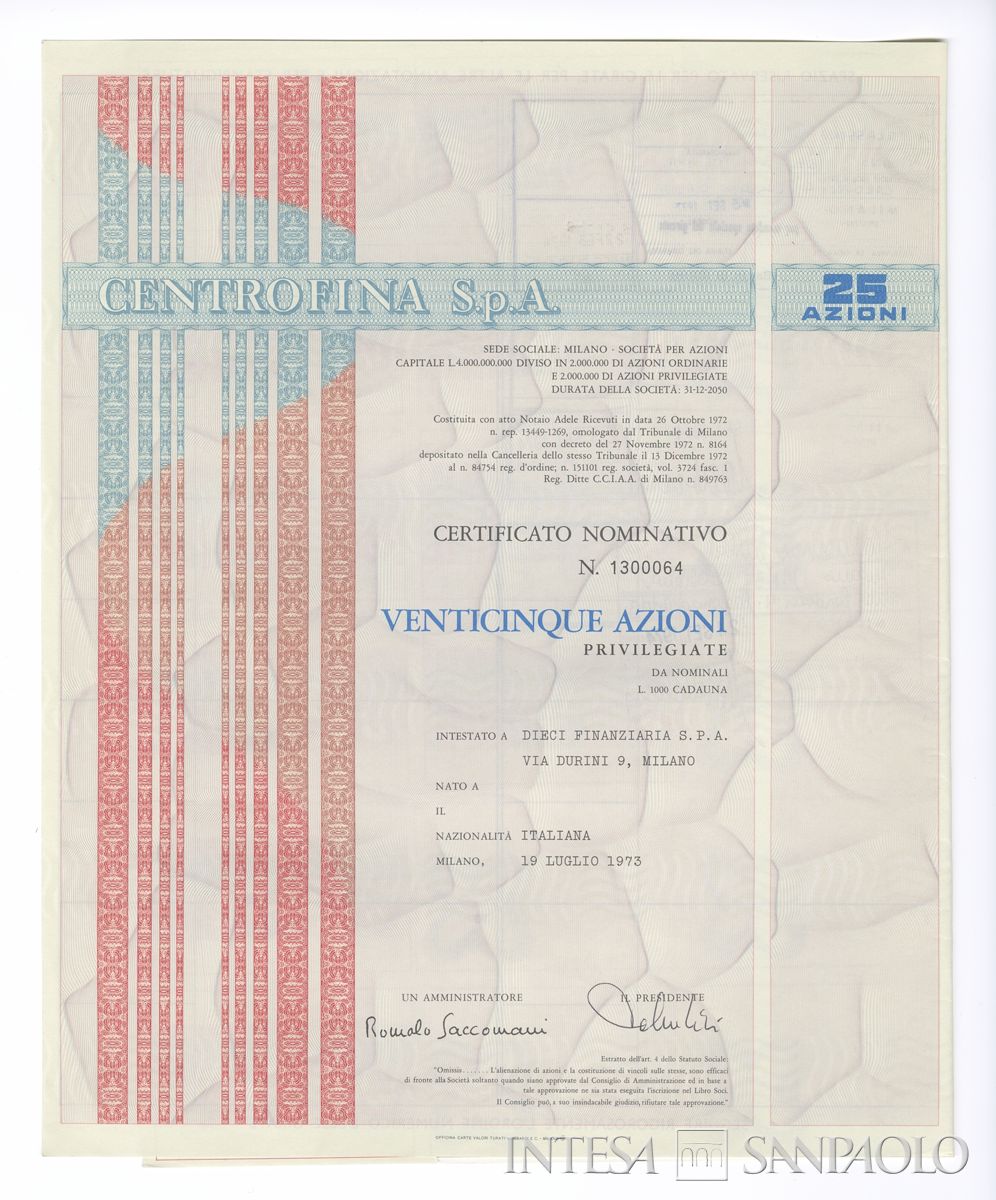 Centrofina SpA, certificato azionario nominativo - recto