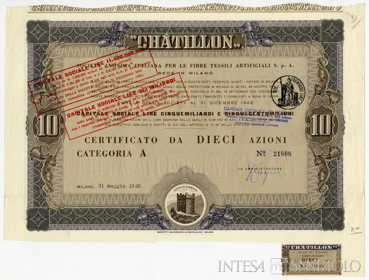 Châtillon Società anonima italiana per le fibre tessili artificiali SpA, certificati azionari di categoria A al portatore - recto a