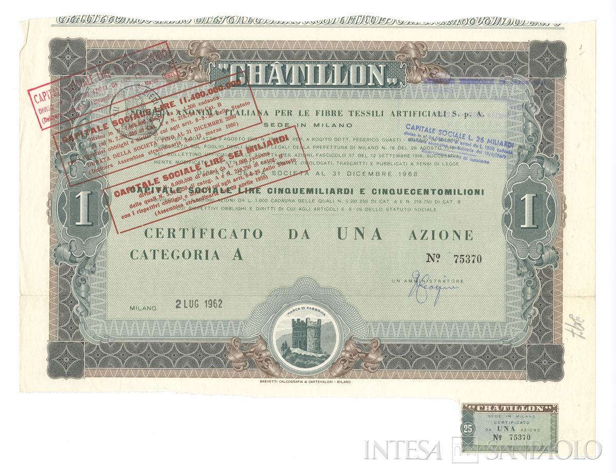 Châtillon Società anonima italiana per le fibre tessili artificiali SpA, certificati azionari di categoria A al portatore - recto b