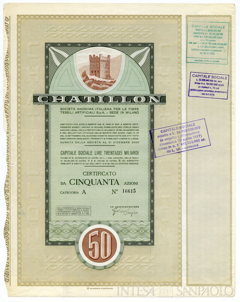 Châtillon Società anonima italiana per le fibre tessili artificiali SpA, certificati azionari di categoria A al portatore - recto c