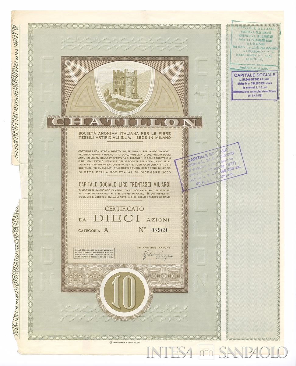 Châtillon Società anonima italiana per le fibre tessili artificiali SpA, certificati azionari di categoria A al portatore - recto a