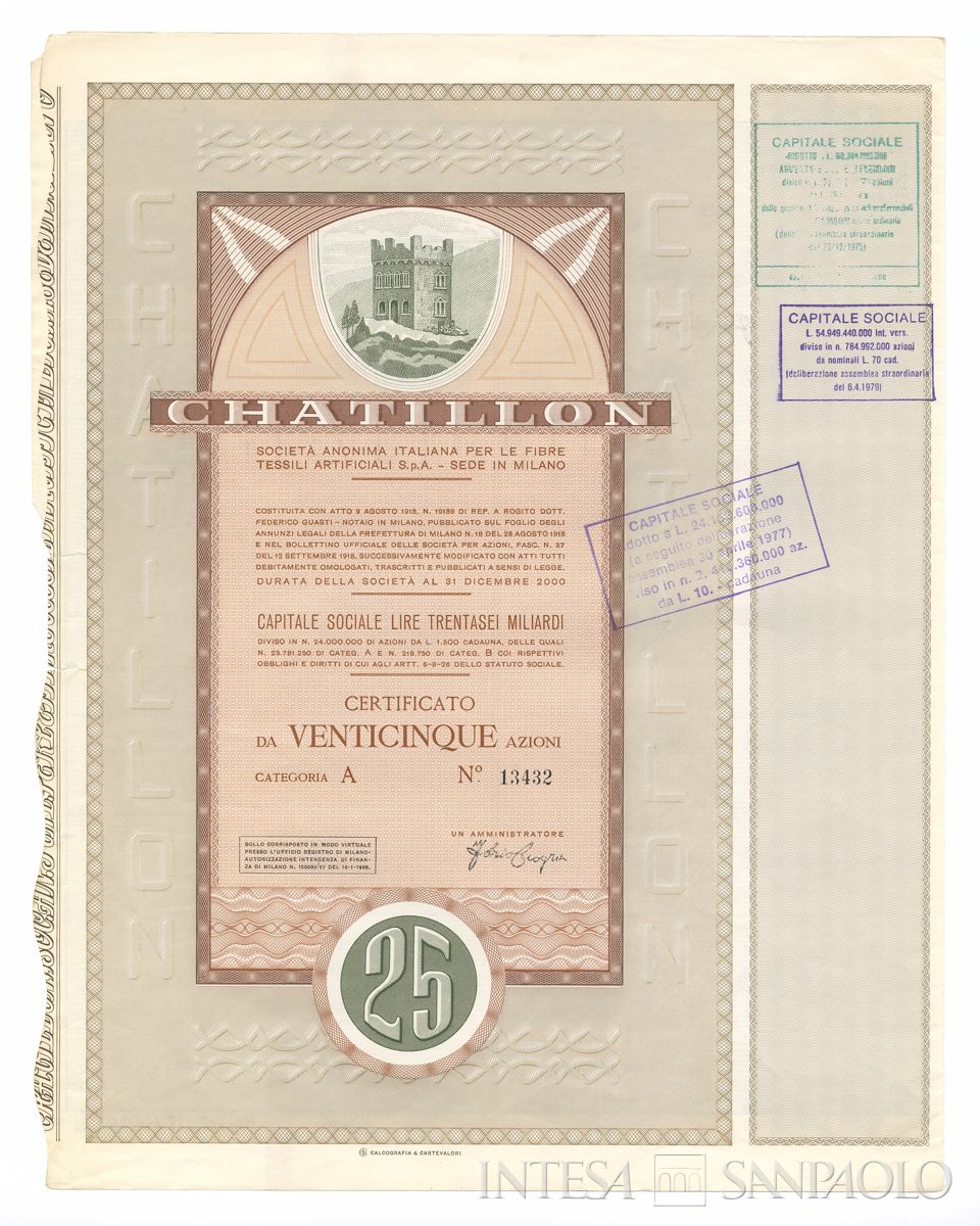 Châtillon Società anonima italiana per le fibre tessili artificiali SpA, certificati azionari di categoria A al portatore - recto b