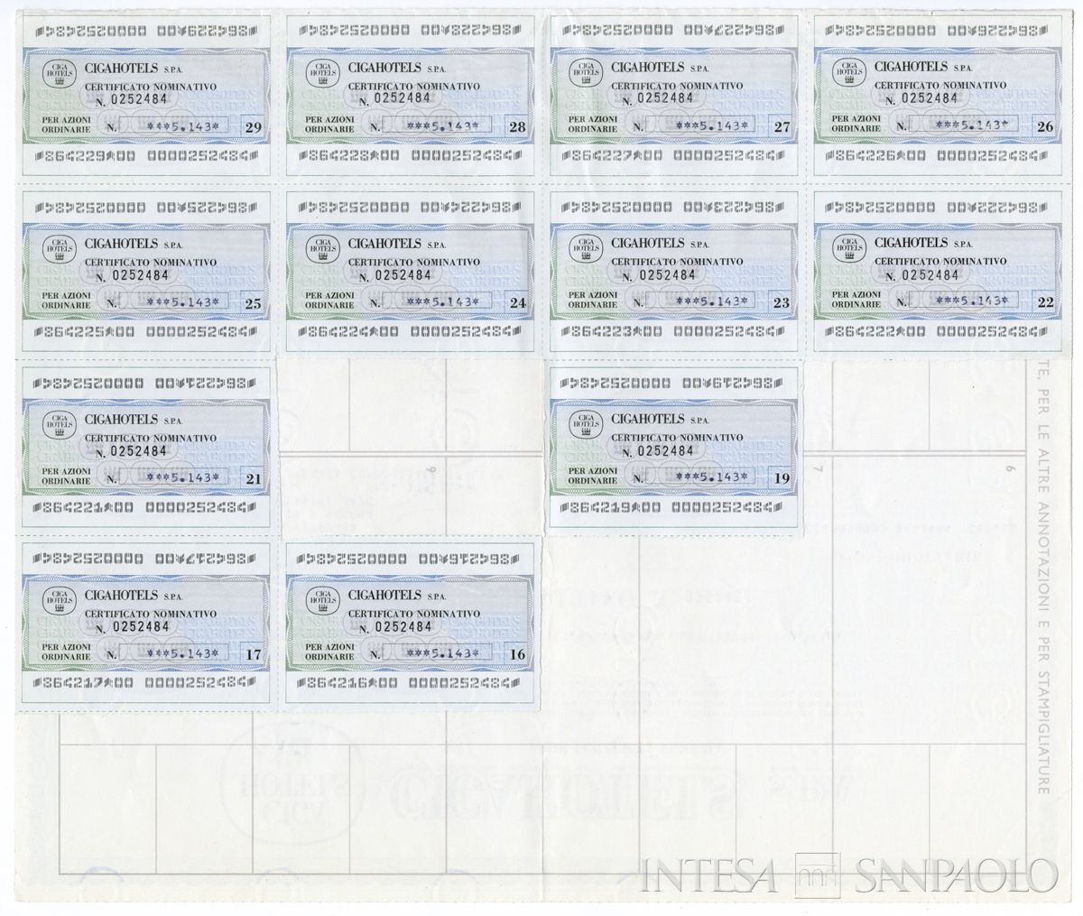 Ciga Hotels, certificato azionario nominativo - recto