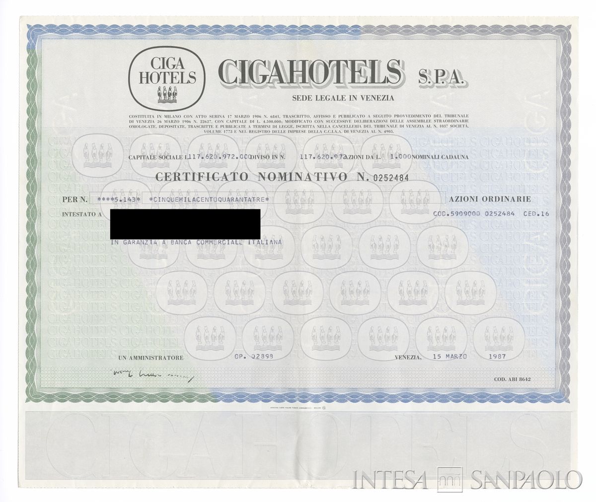 Ciga Hotels, certificato azionario nominativo - recto