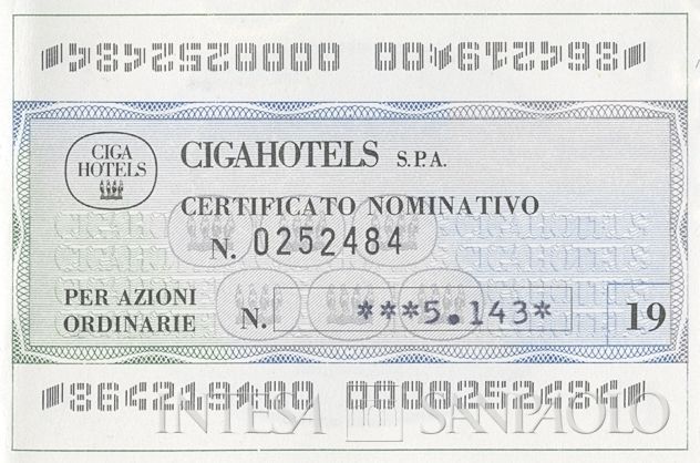 Ciga Hotels, certificato azionario nominativo - dettaglio