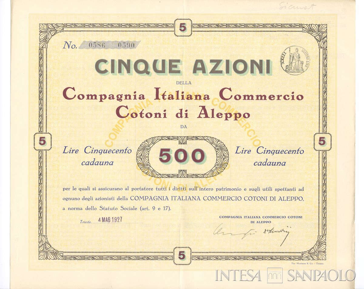Compagnia Italiana Commercio Cotoni di Aleppo, certificato azionario al portatore - recto