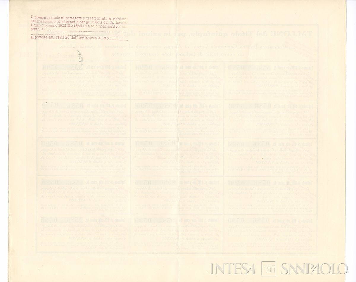 Compagnia Italiana Commercio Cotoni di Aleppo, certificato azionario al portatore - recto