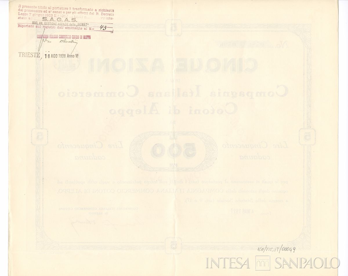 Compagnia Italiana Commercio Cotoni di Aleppo, certificato azionario al portatore - verso