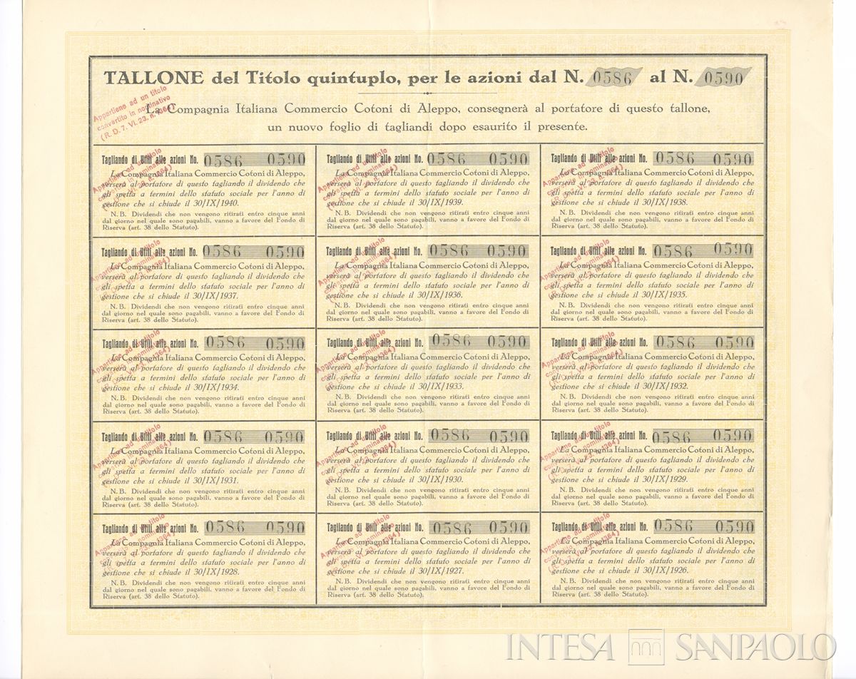 Compagnia Italiana Commercio Cotoni di Aleppo, certificato azionario al portatore - verso
