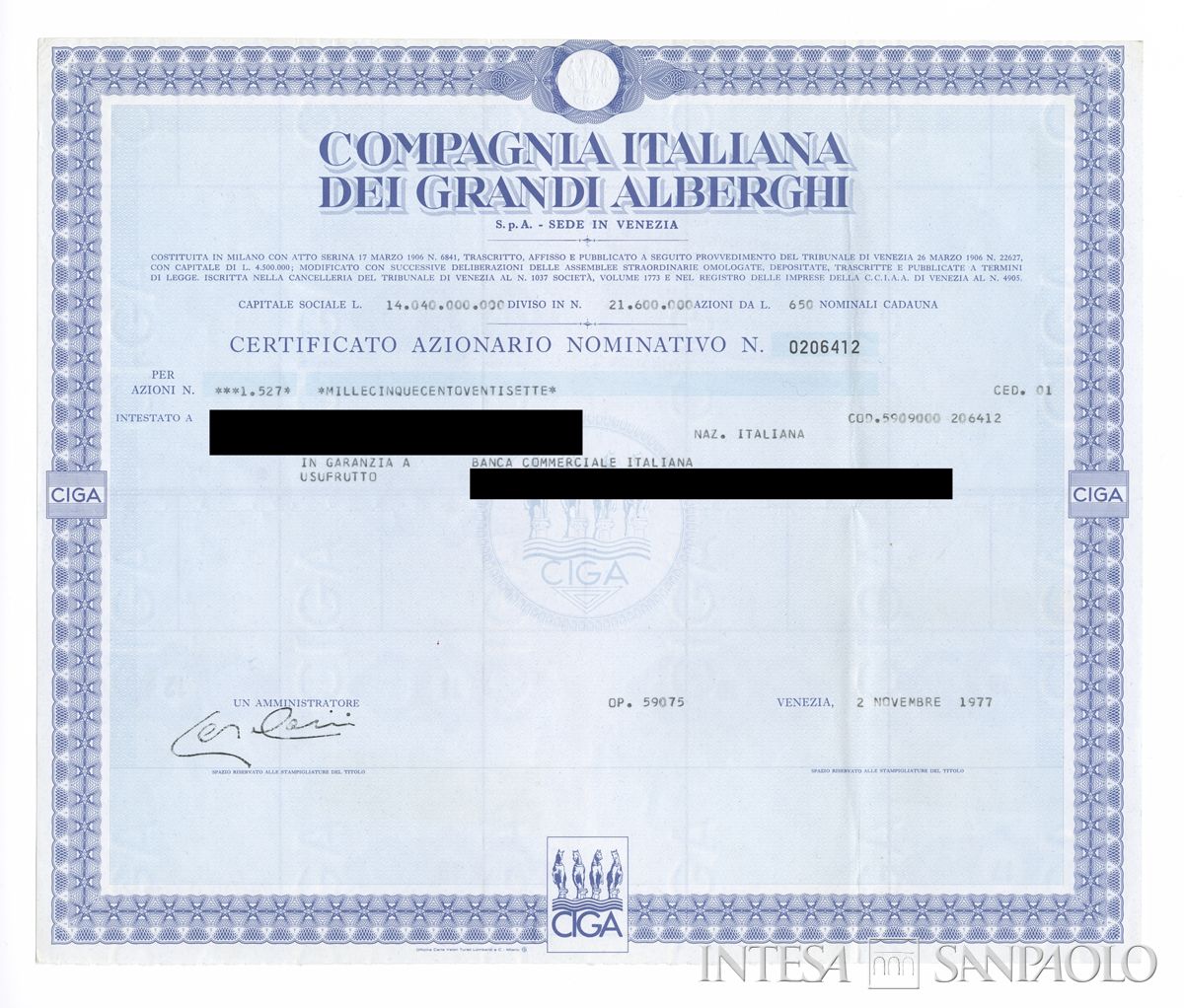 Compagnia Italiana dei Grandi Alberghi CIGA SpA, certificato azionario nominativo - recto