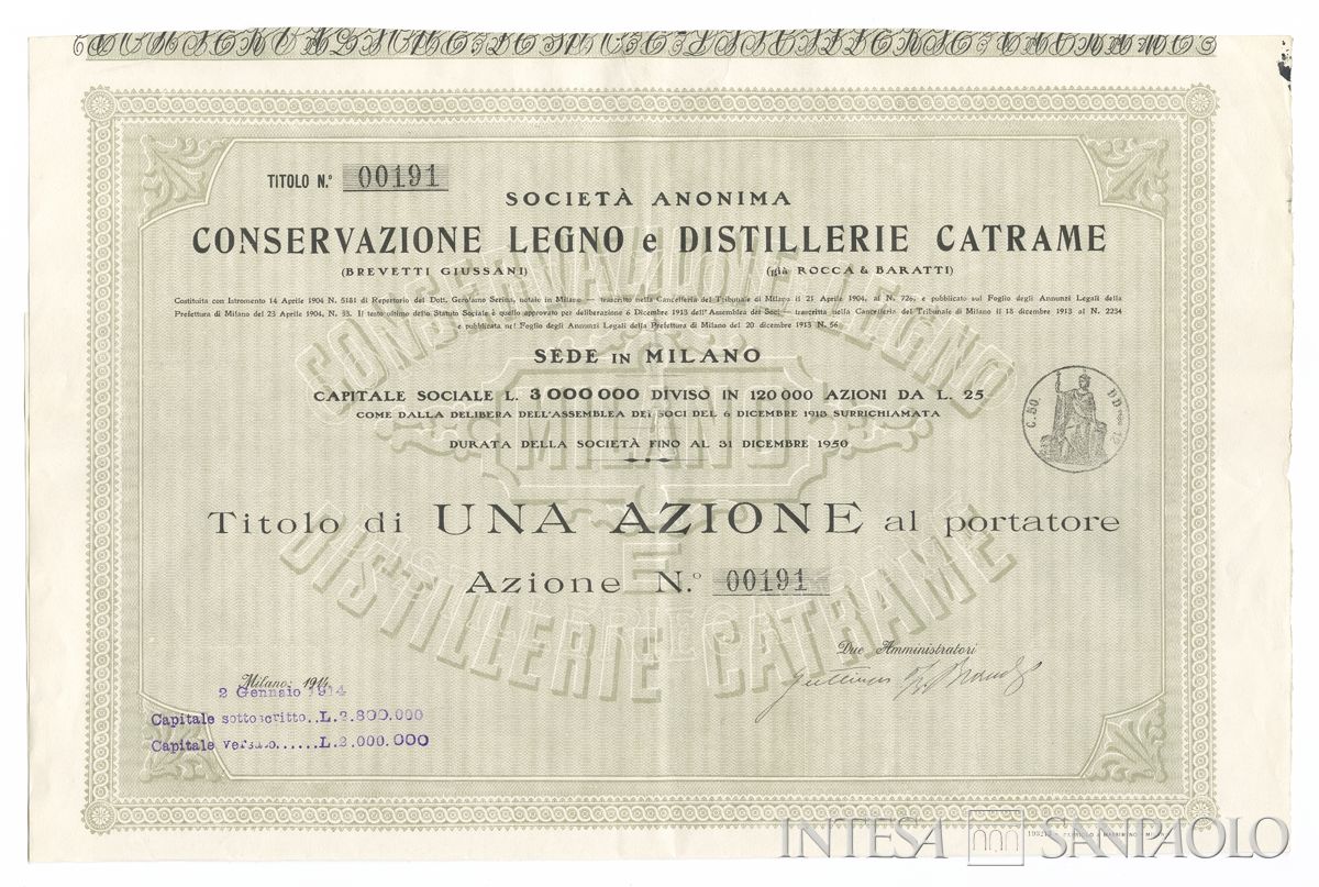 Conservazione legno e distillerie catrame, certificato azionario al portatore - recto