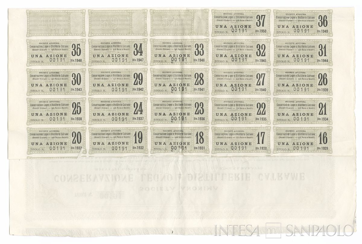 Conservazione legno e distillerie catrame, certificato azionario al portatore - recto