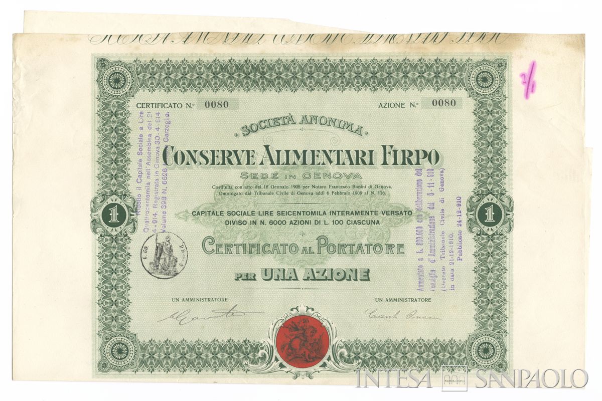 Conserve alimentari Firpo SA, certificati azionari al portatore- - recto a
