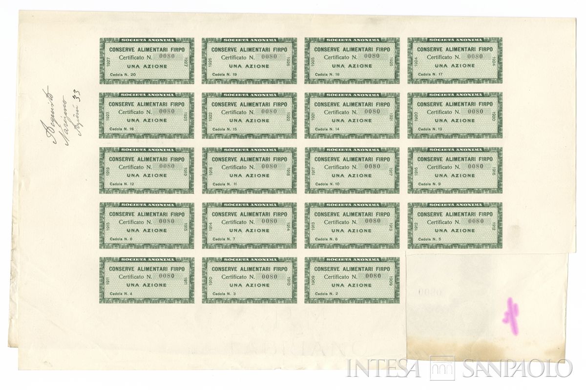 Conserve alimentari Firpo SA, certificati azionari al portatore- - recto a