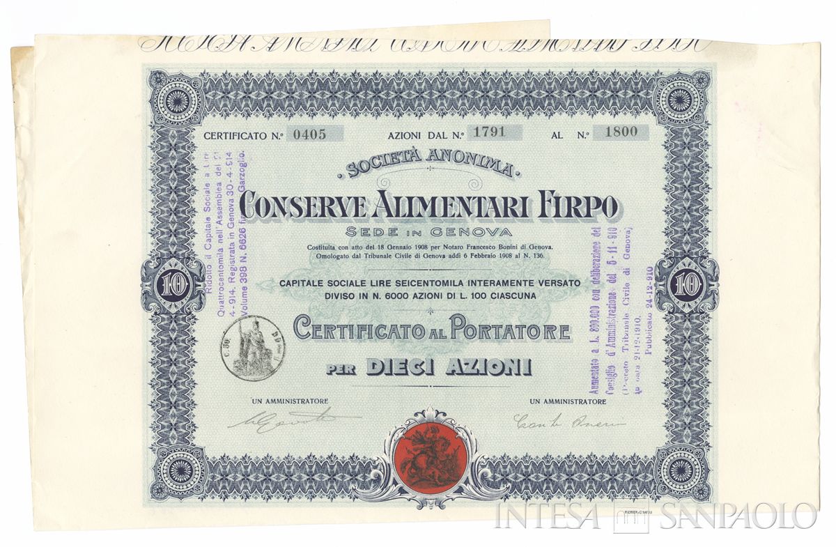 Conserve alimentari Firpo SA, certificati azionari al portatore- - recto b