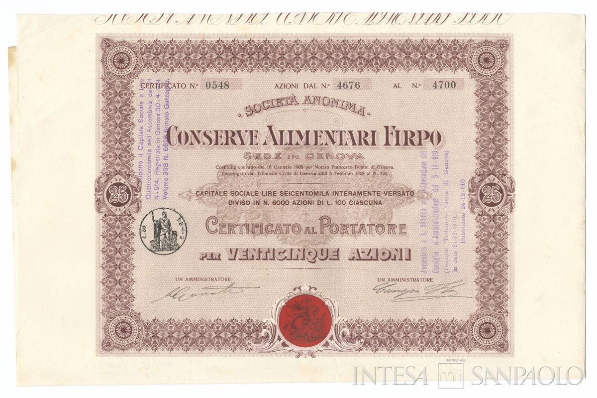 Conserve alimentari Firpo SA, certificati azionari al portatore- - recto c