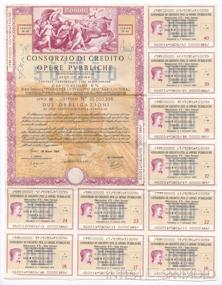 Consorzio di Credito per le Opere Pubbliche, certificati obbligazionari al portatore - recto a