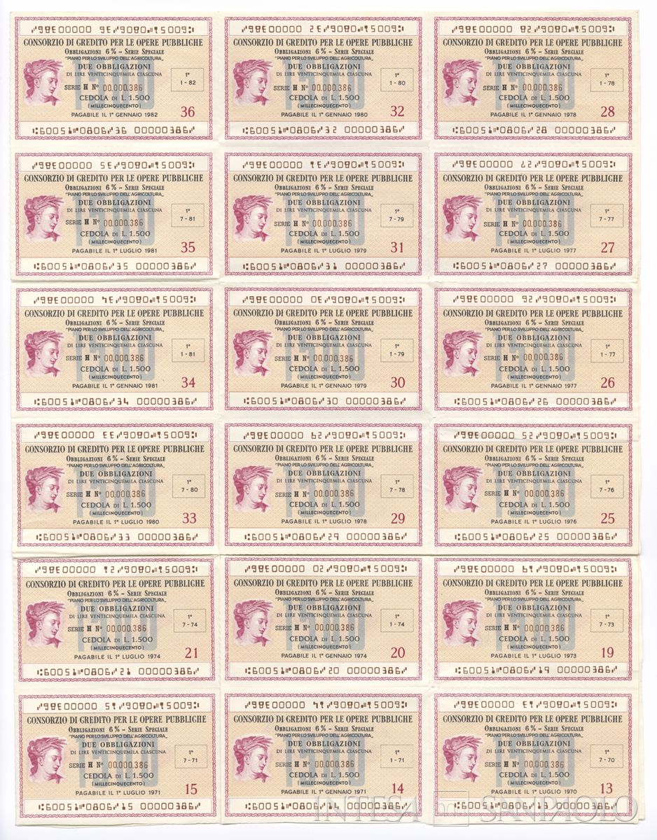 Consorzio di Credito per le Opere Pubbliche, certificati obbligazionari al portatore - recto a