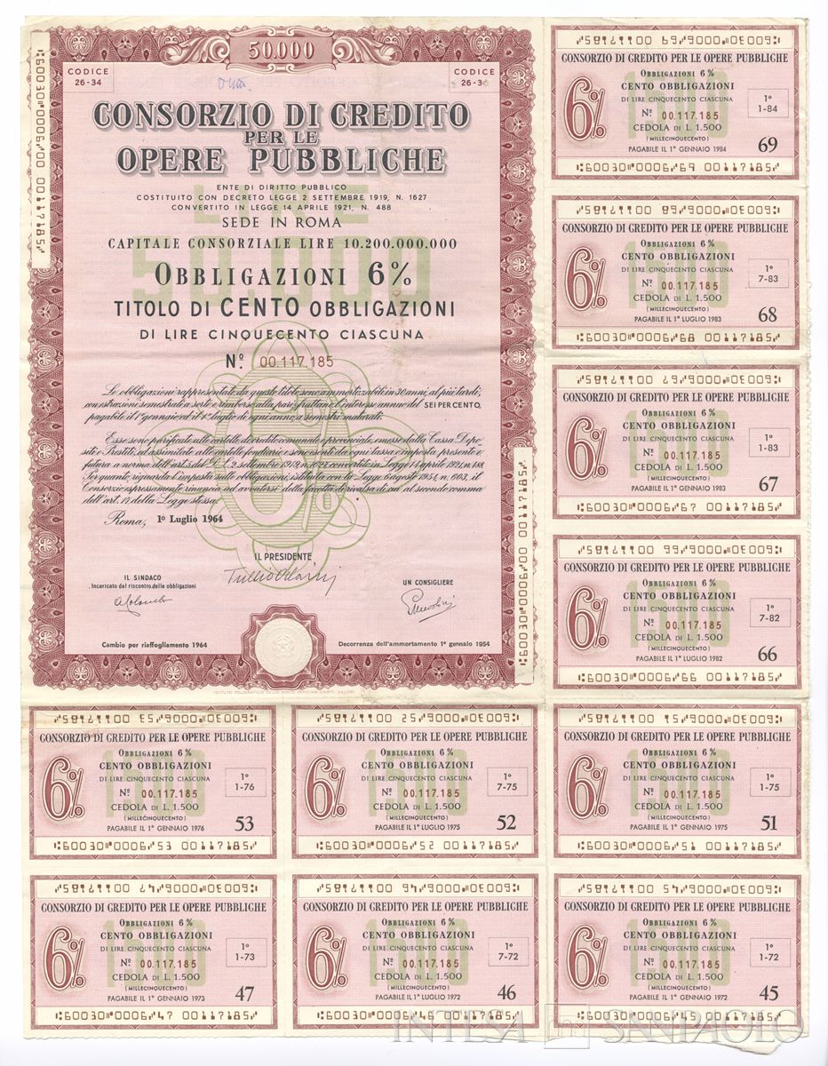Consorzio di Credito per le Opere Pubbliche, certificati obbligazionari al portatore - recto b