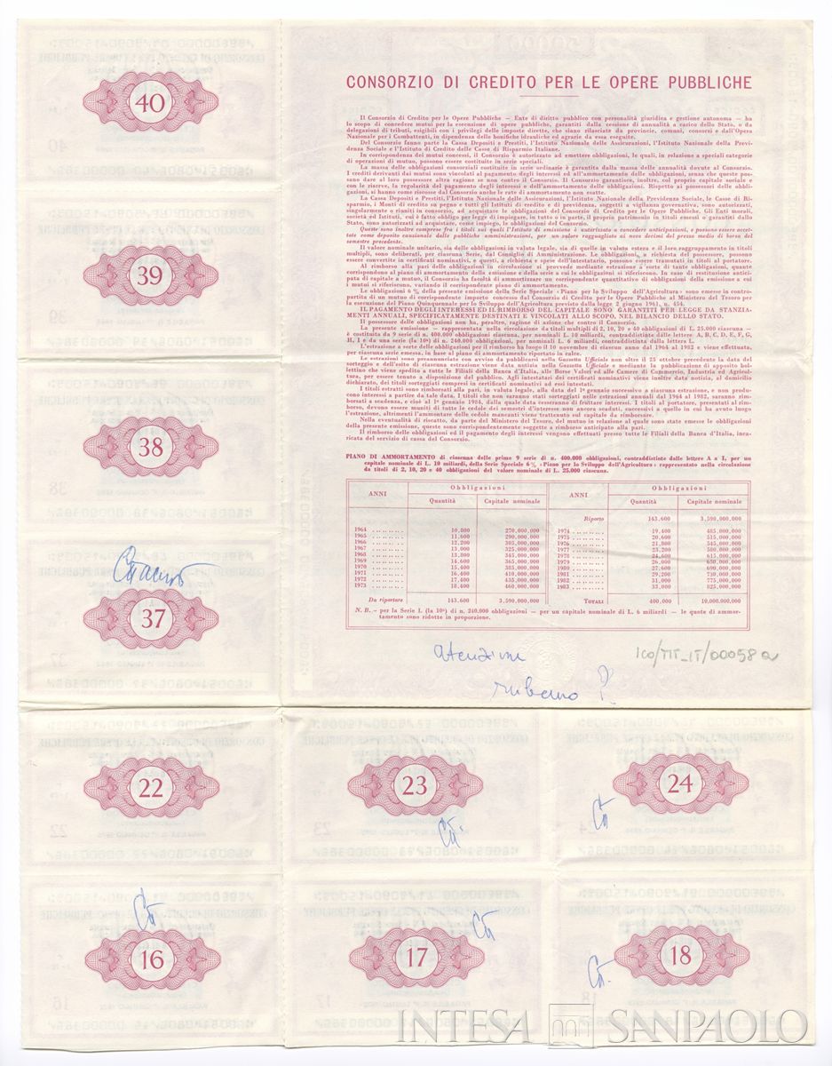 Consorzio di Credito per le Opere Pubbliche, certificati obbligazionari al portatore - verso a