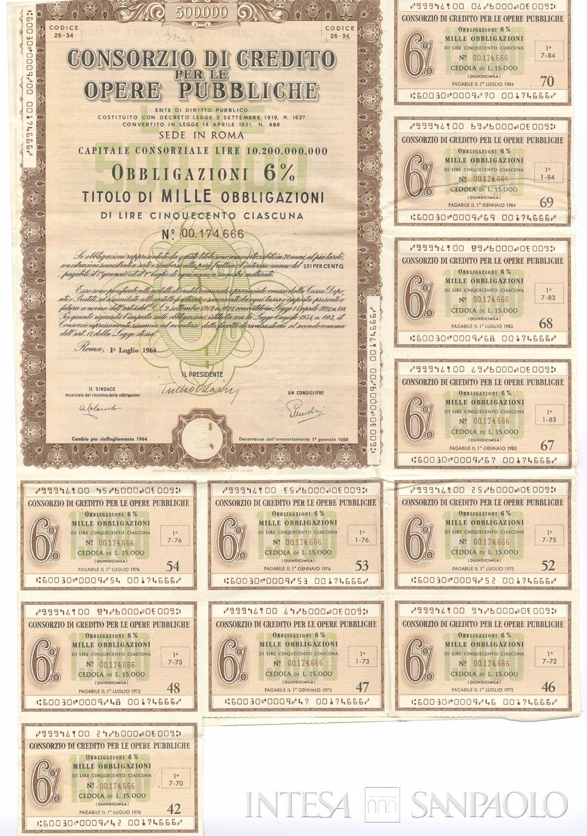 Consorzio di Credito per le Opere Pubbliche, certificati obbligazionari al portatore - recto c