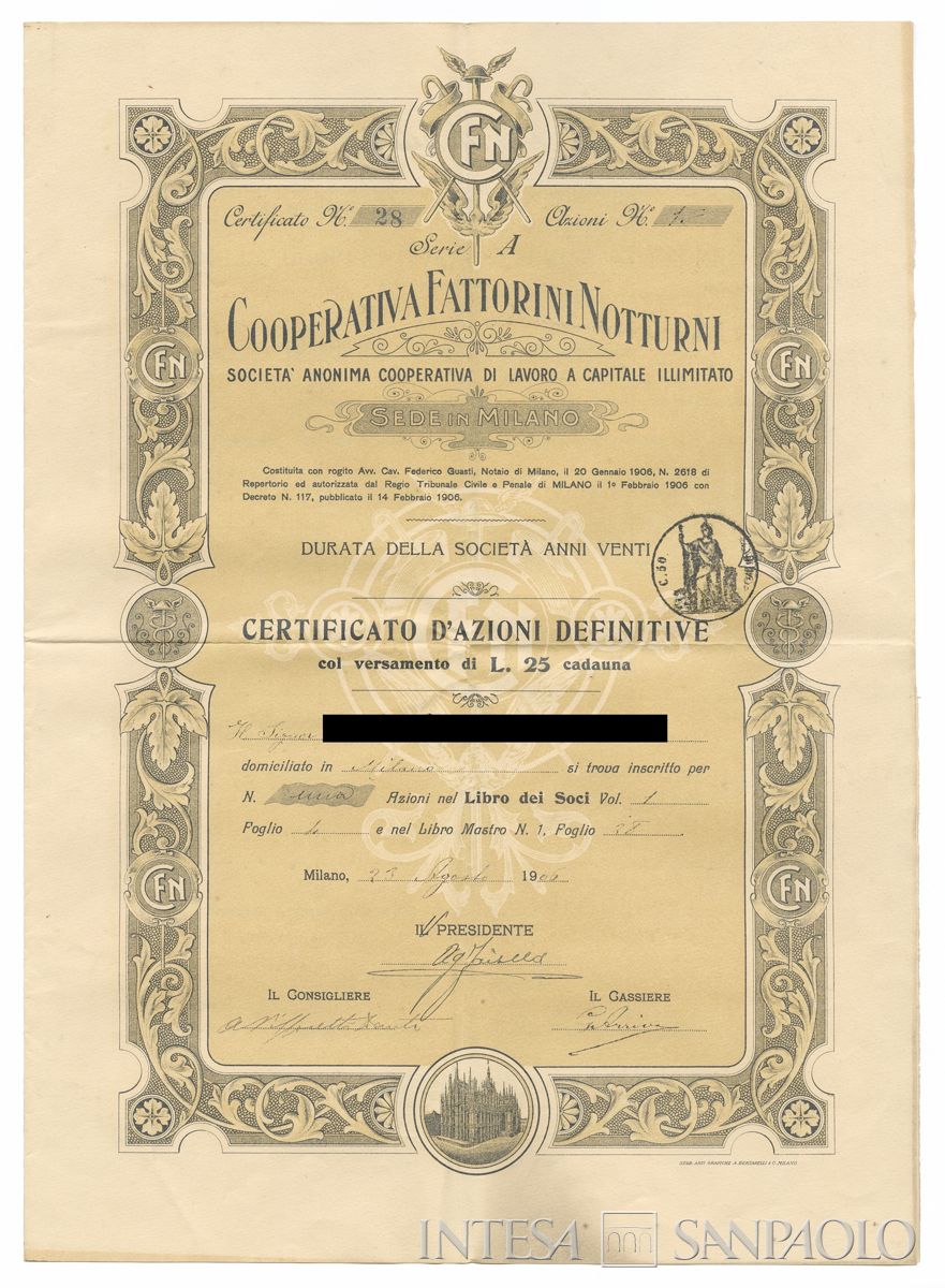 Cooperativa fattorini notturni SA Cooperativa, certificato azionario nominativo