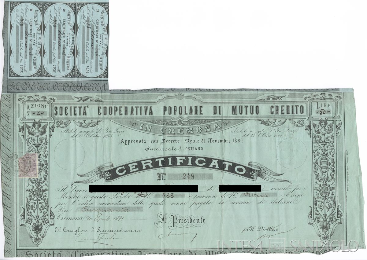 Cooperativa popolare di mutuo credito, certificato azionario nominativo - recto