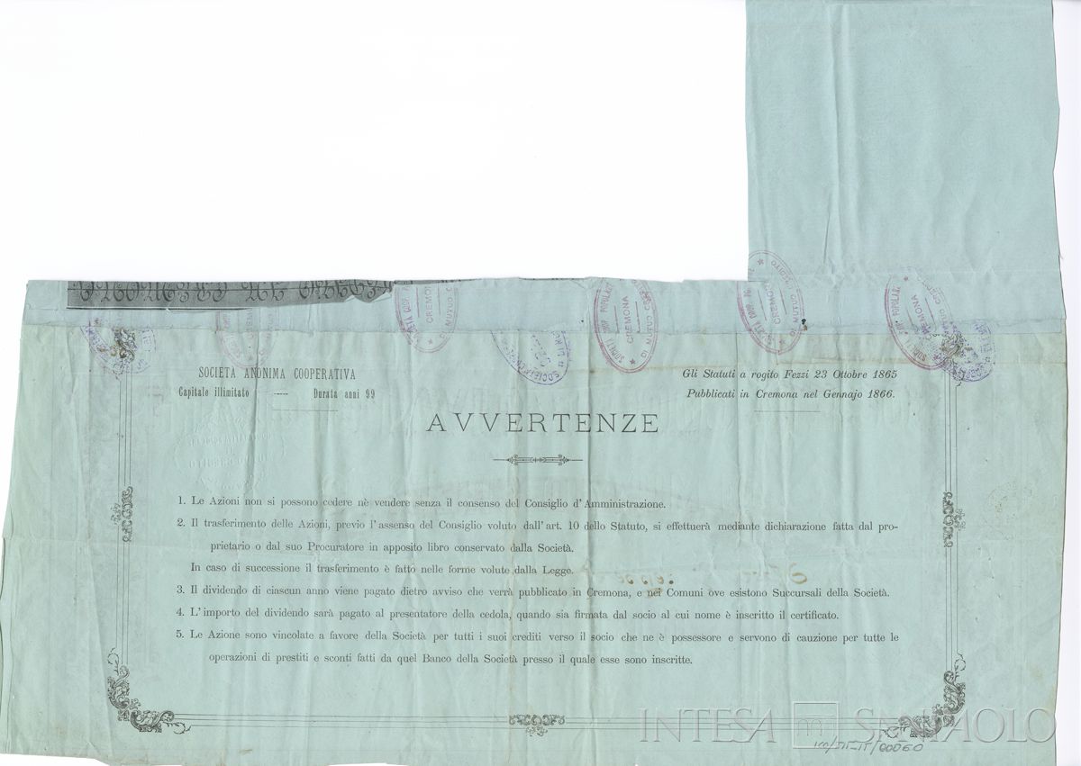Cooperativa popolare di mutuo credito, certificato azionario nominativo - verso