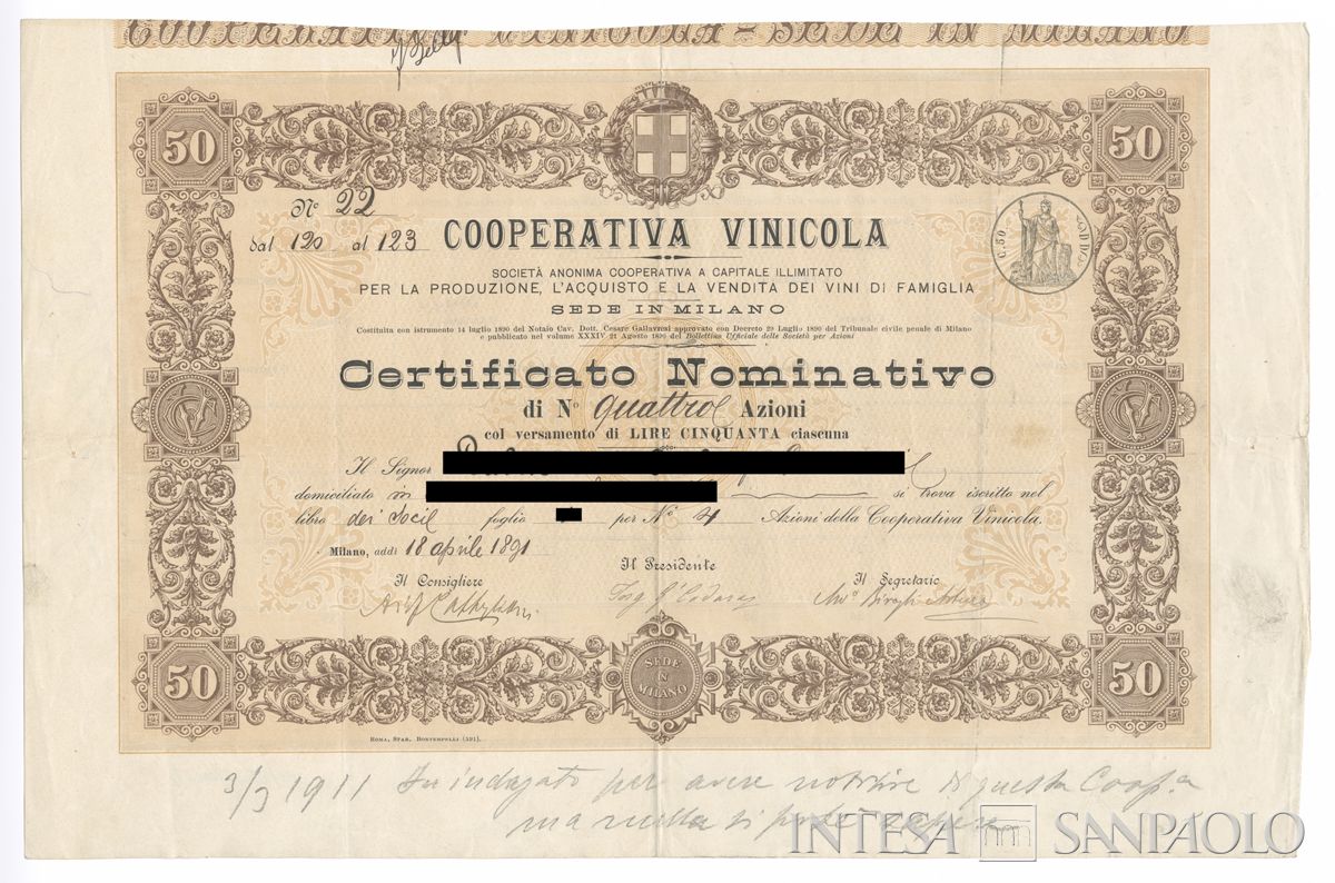 Cooperativa vinicola SA, certificato azionario nominativo - recto