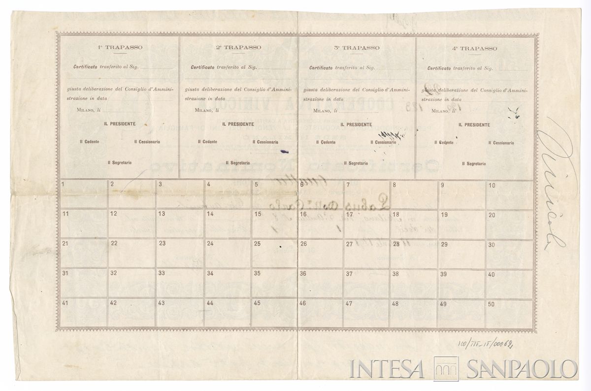 Cooperativa vinicola SA, certificato azionario nominativo - verso