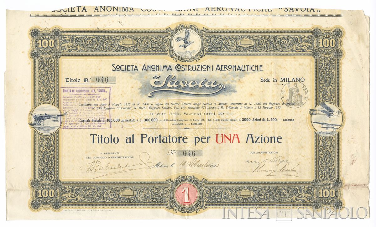 Costruzioni aeronautiche "Savoia" SA, certificato azionario al portatore