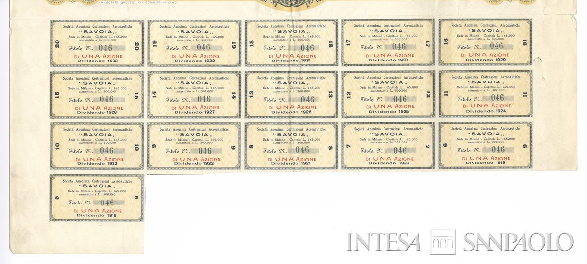 Costruzioni aeronautiche "Savoia" SA, certificato azionario al portatore