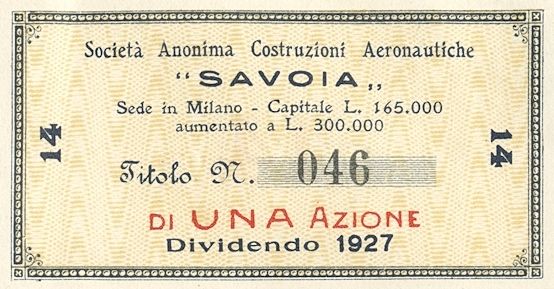 Costruzioni aeronautiche "Savoia" SA, certificato azionario al portatore - dettaglio