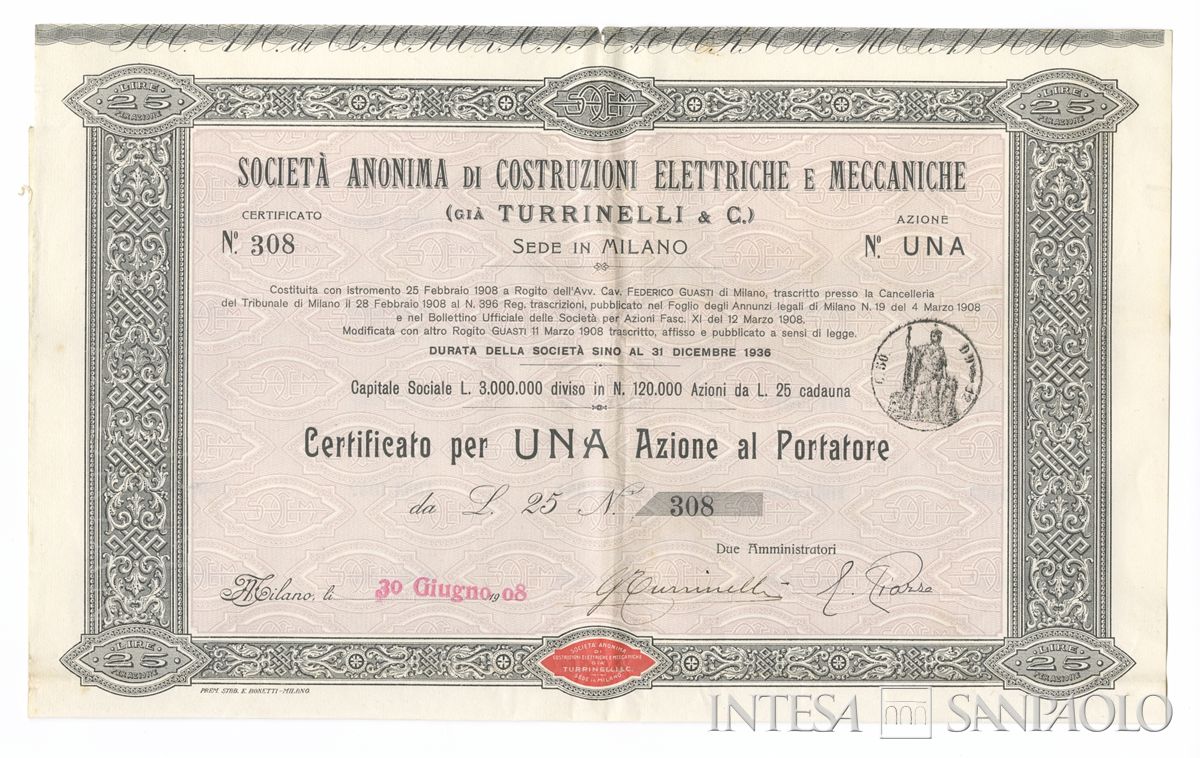 Costruzioni elettriche e meccaniche (già Turrinelli & C.) SA, certificati azionari al portatore - recto a