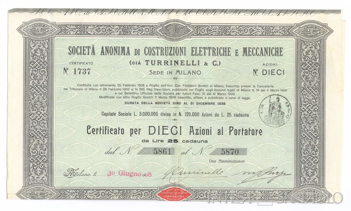 Costruzioni elettriche e meccaniche (già Turrinelli & C.) SA, certificati azionari al portatore - recto b