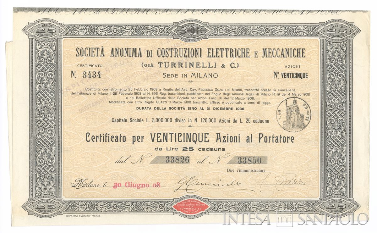 Costruzioni elettriche e meccaniche (già Turrinelli & C.) SA, certificati azionari al portatore - recto c
